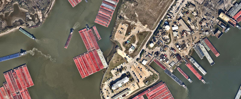 Ariel view of port and barges in Houston Texas